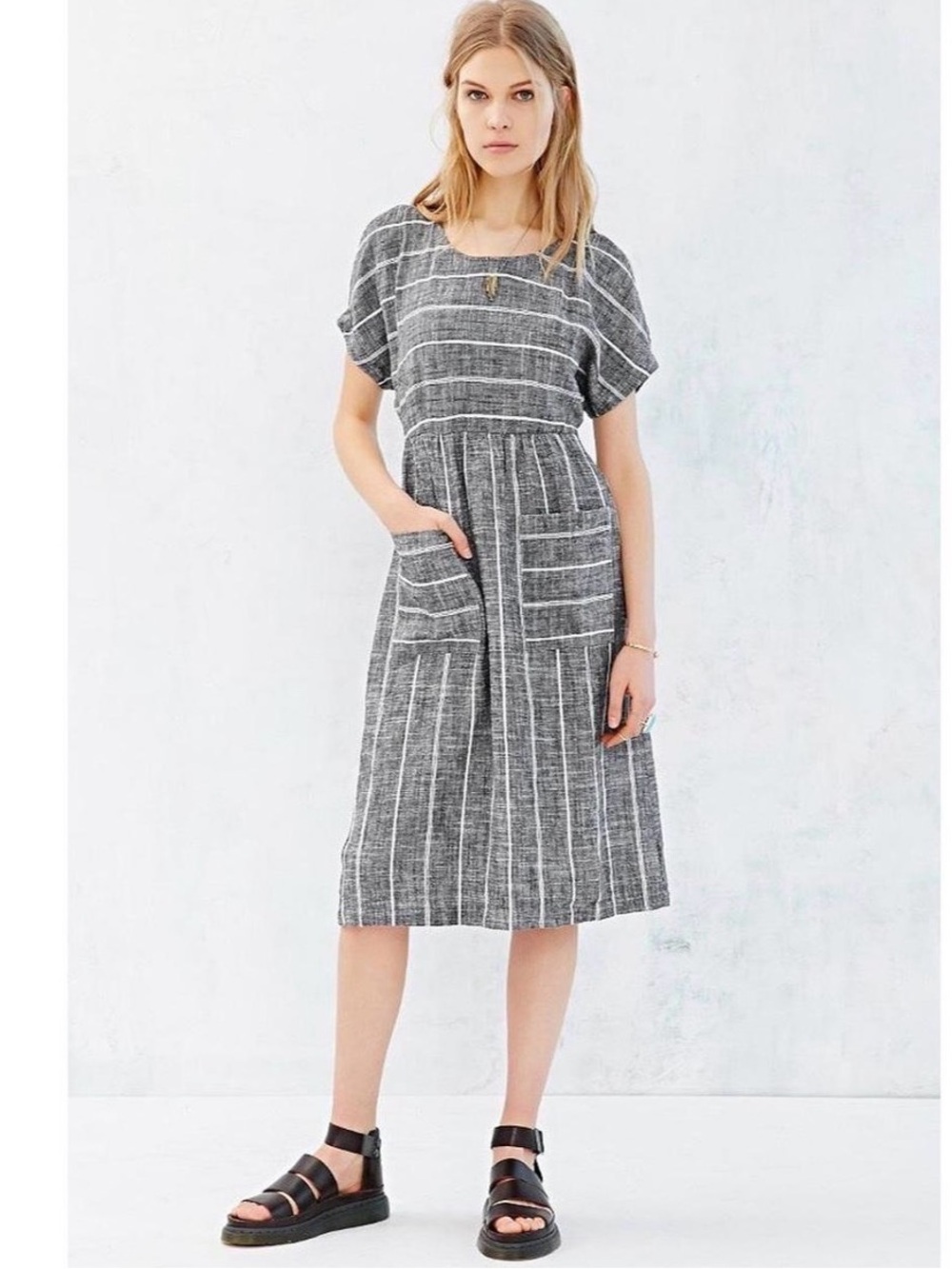 Linen Grey & White Stripe Open Back Midi Dress